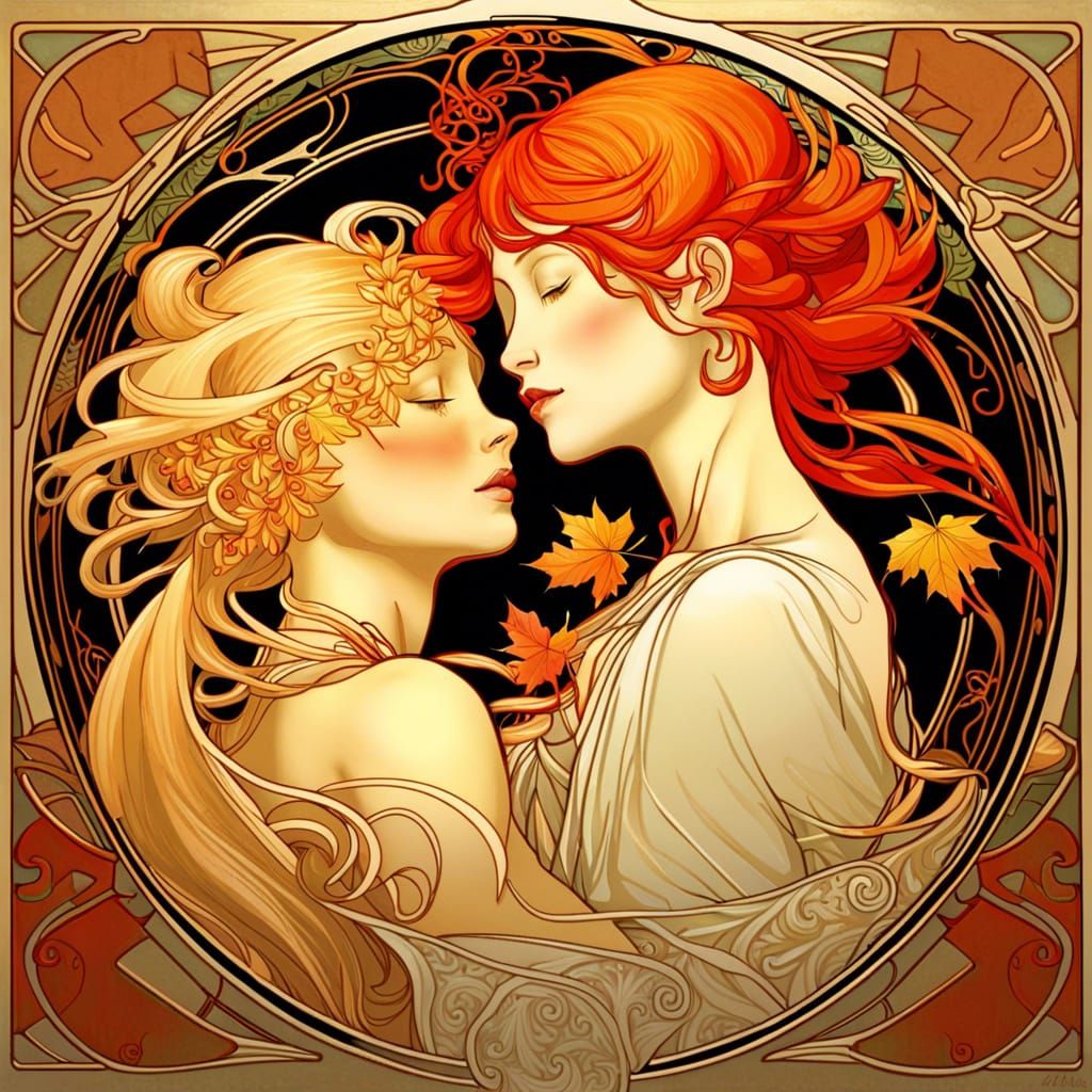 Yin Yang Symbol with Women in Art Nouveau Style