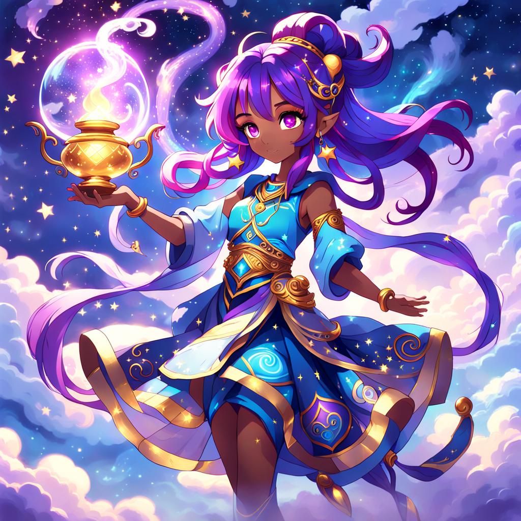 Cute Anime Genie Girl with Magic Lamp