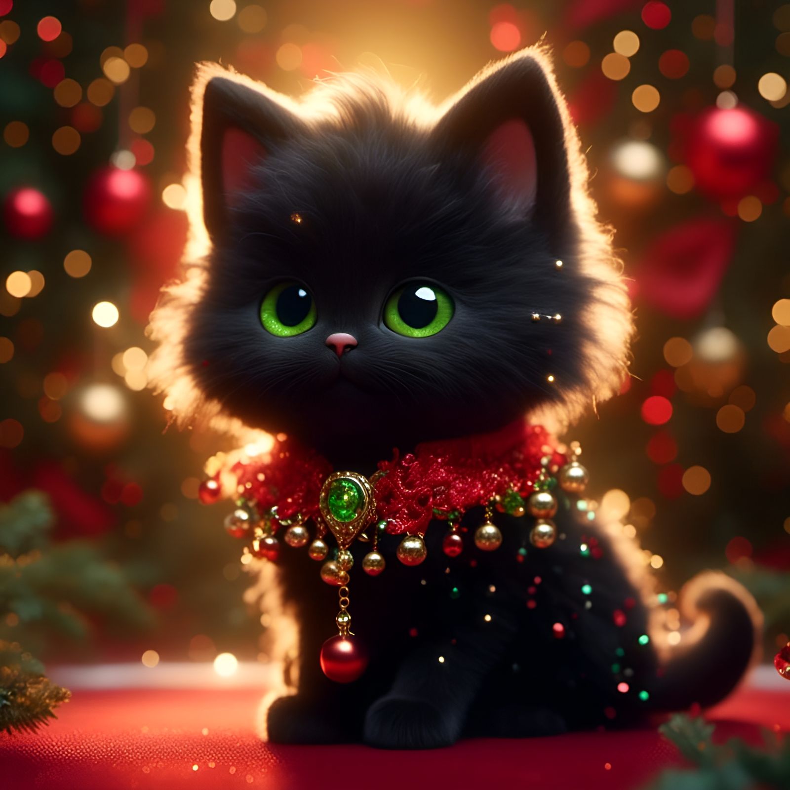 Cute house panther kitten with red collar and silver bells s...