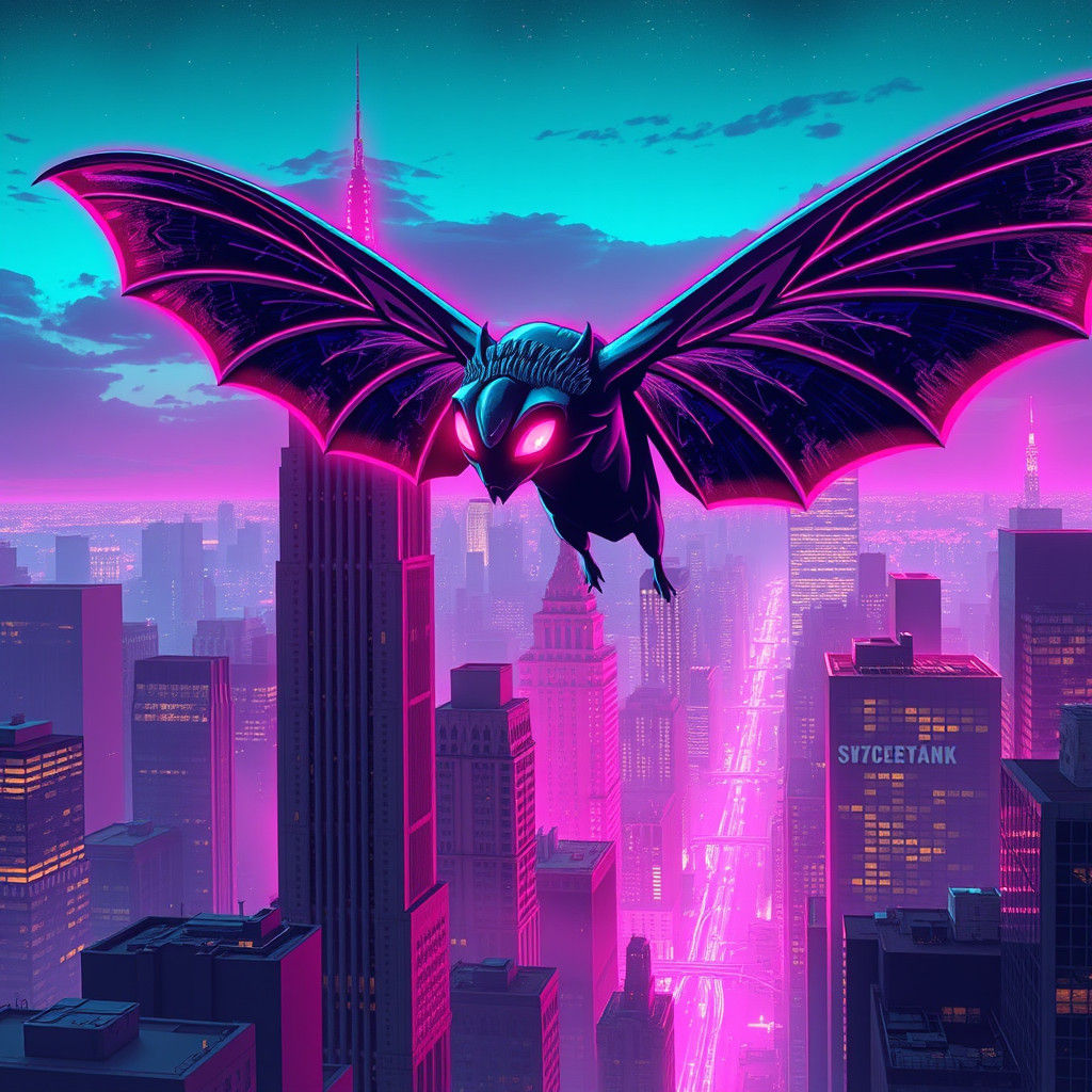 Mothman Soaring Over Retro-Futuristic Neon Cityscape