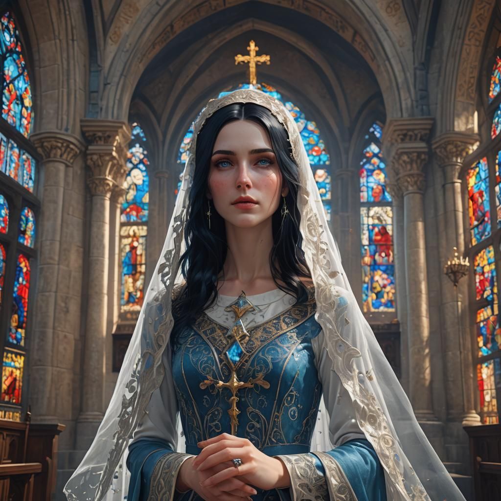 Saint Girl with Black Hair in Church