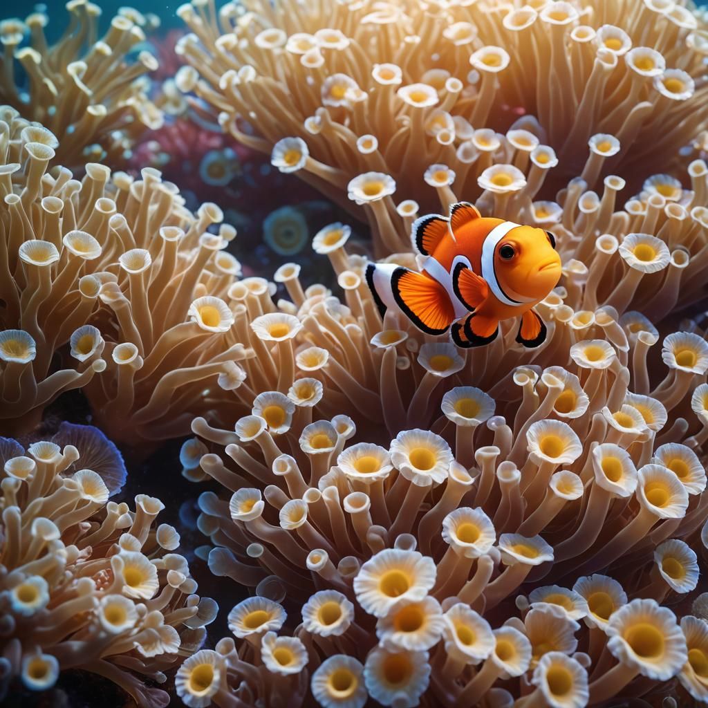 Adorable Baby Clownfish Swimming in Anemone Garden