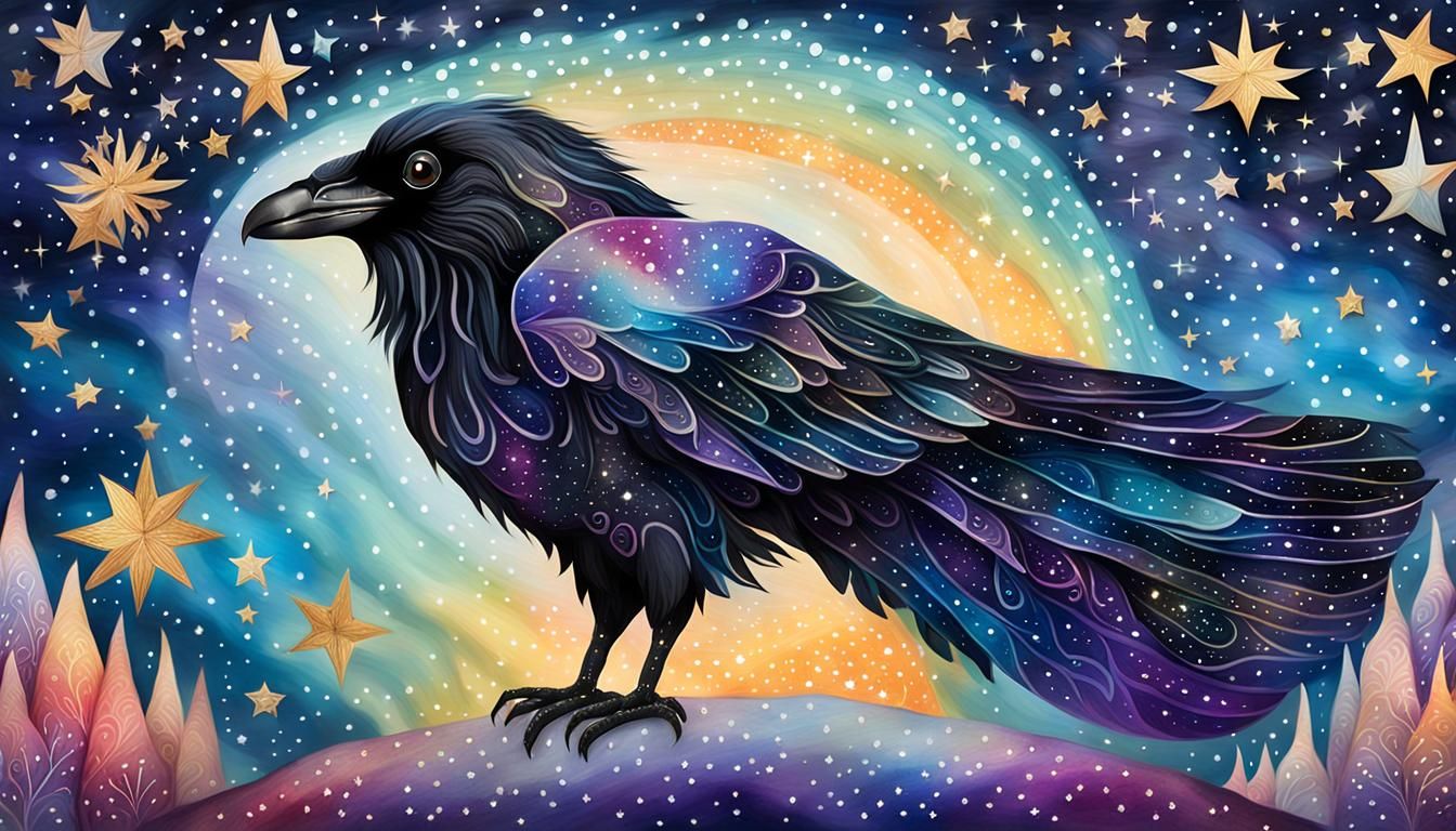 Iridescent Raven Portrait in Alebrije Style