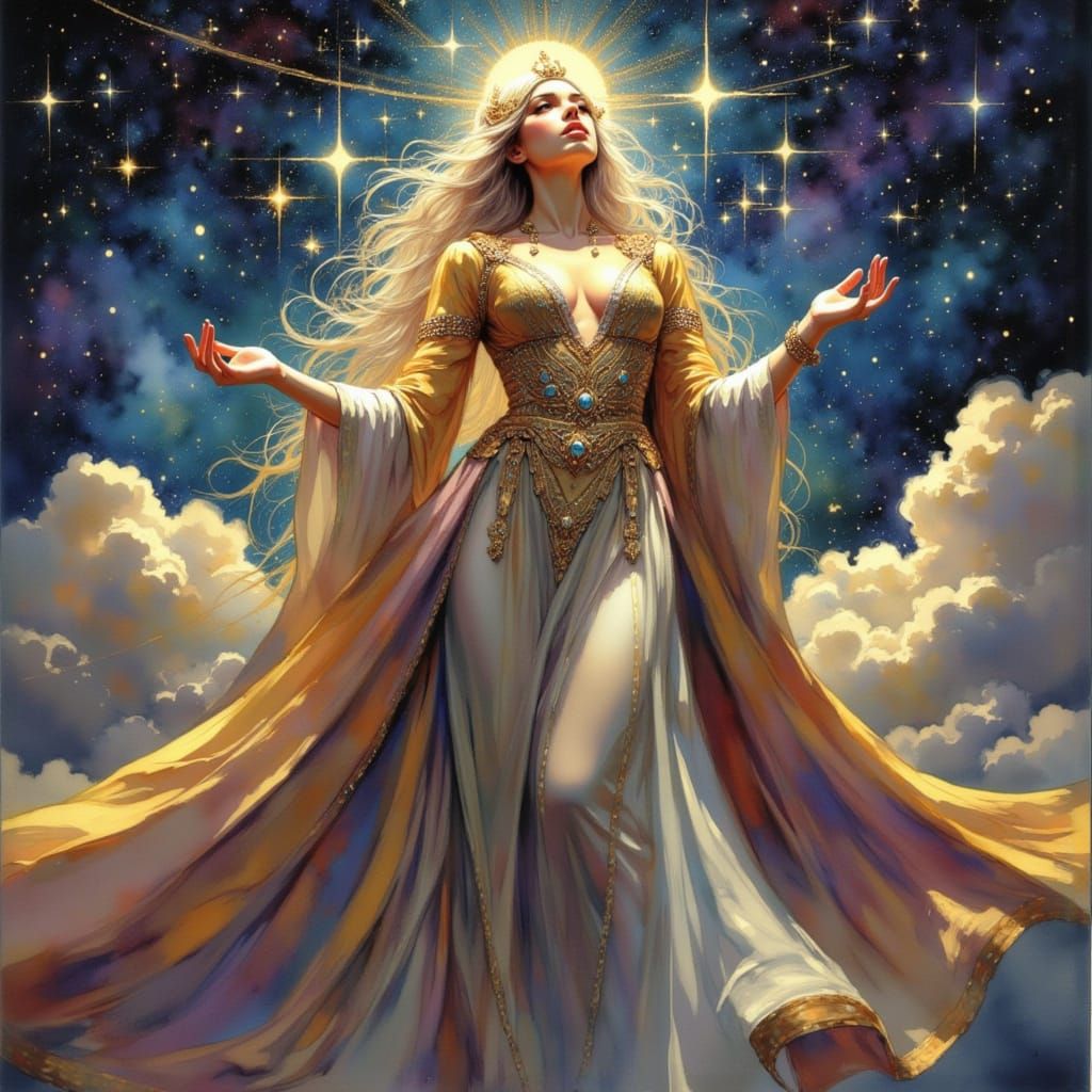 Regal Woman Floating in Cosmic Clouds