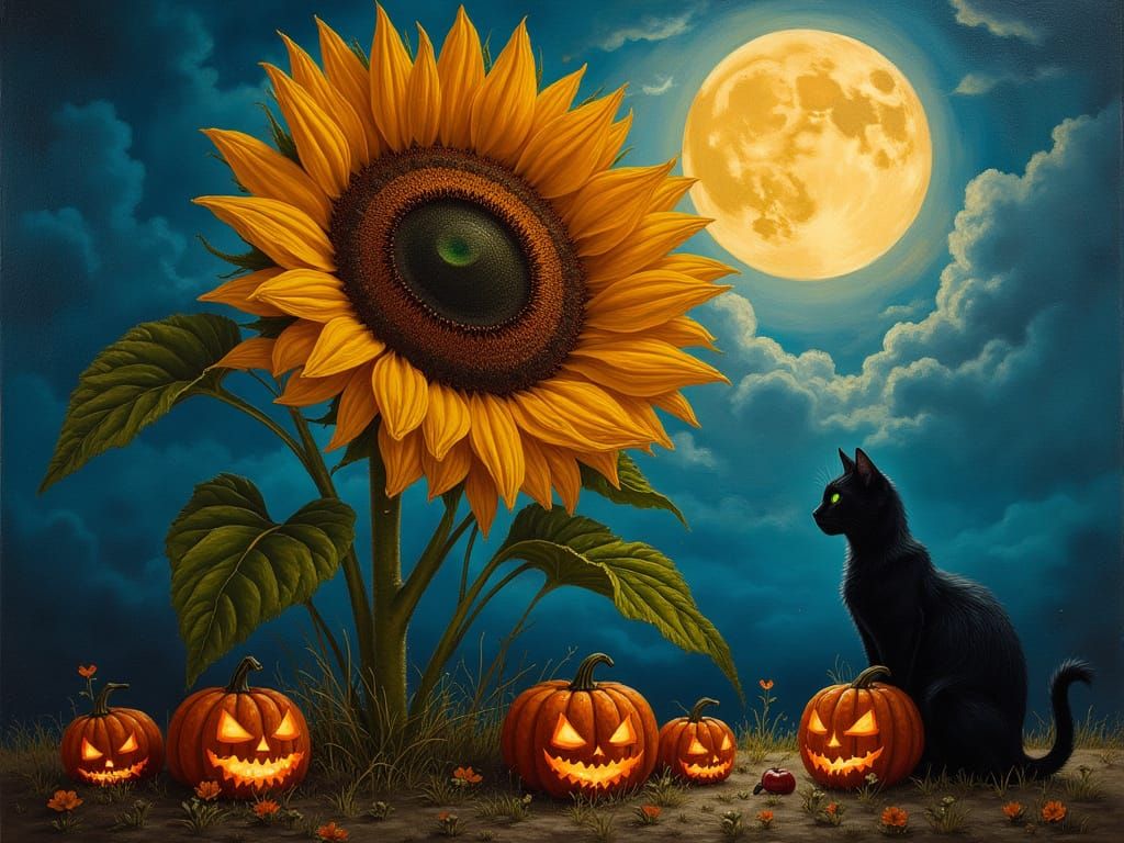 Gigantic Sunflower Under Full Moon with Black Cat