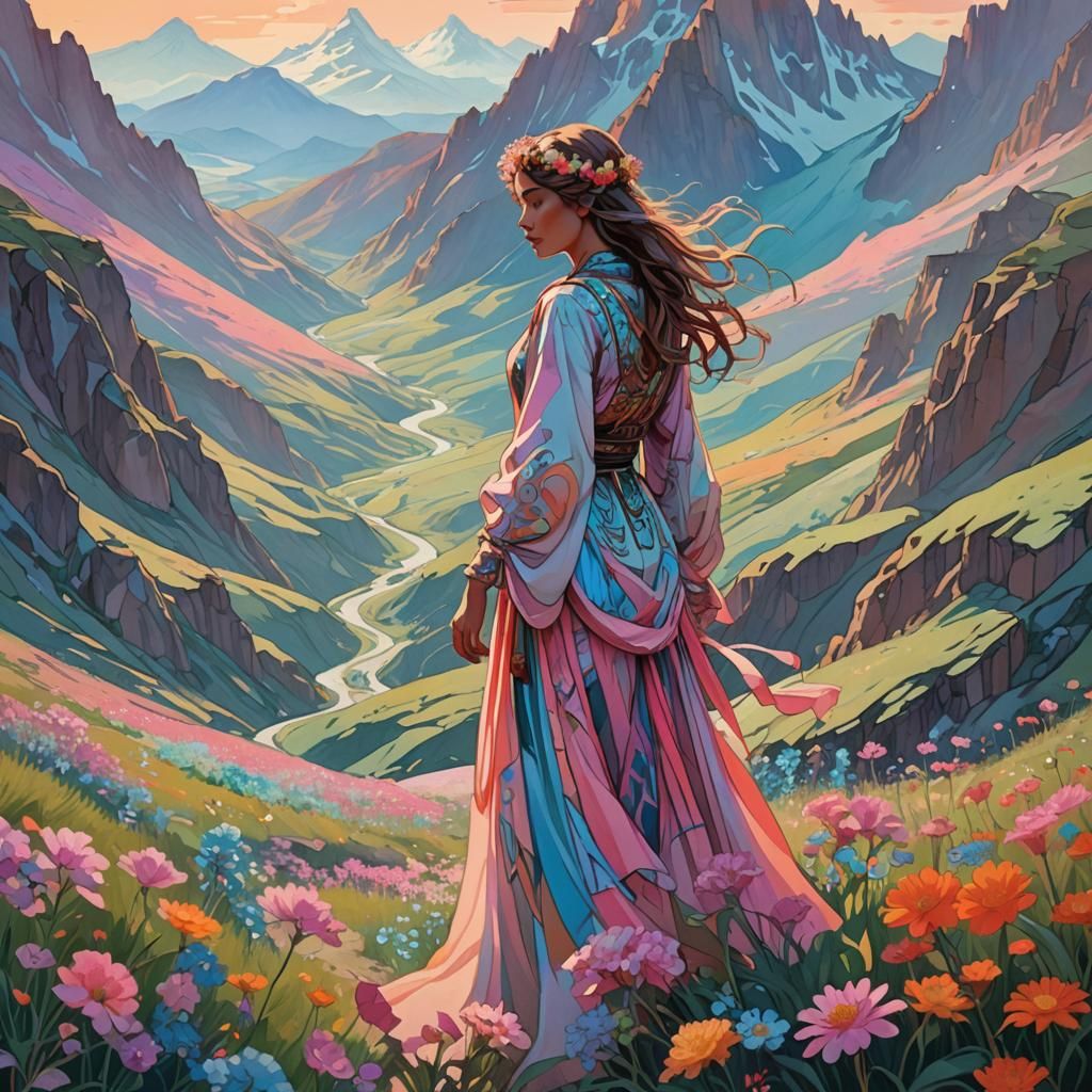 Surreal Mountain Vista with Flowers, Alphonse Mucha Style