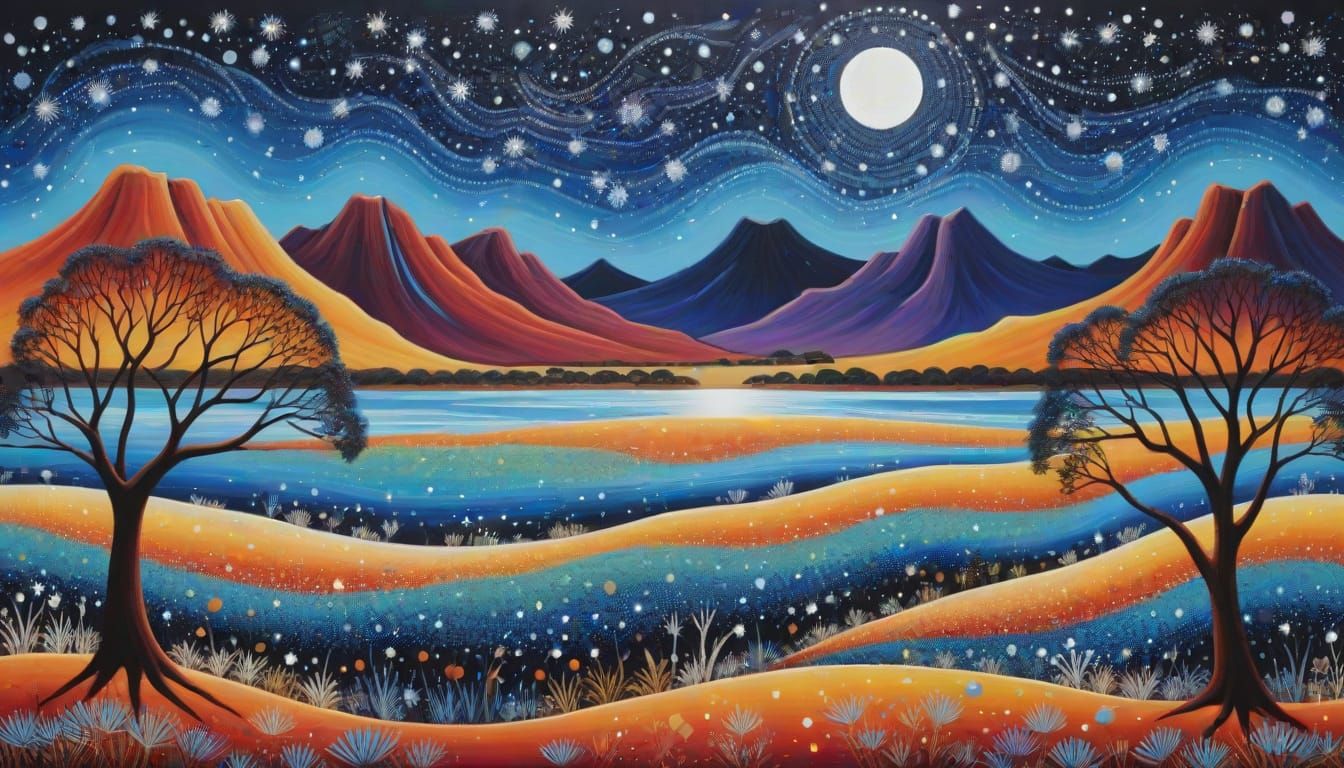 Aboriginal Dreamtime Art in Vibrant Split-Complementary Colo...