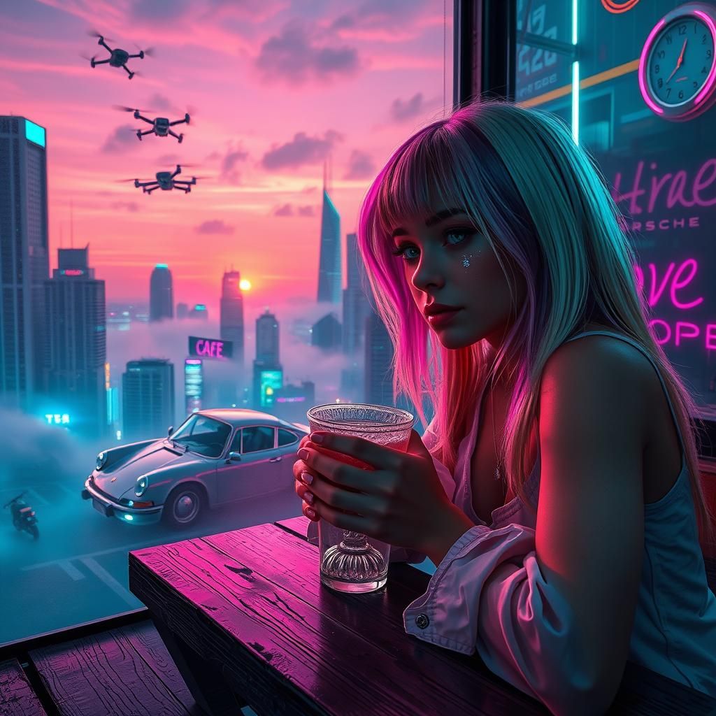 Iridescent Woman in Retro-Futuristic Cyberpunk Cafe