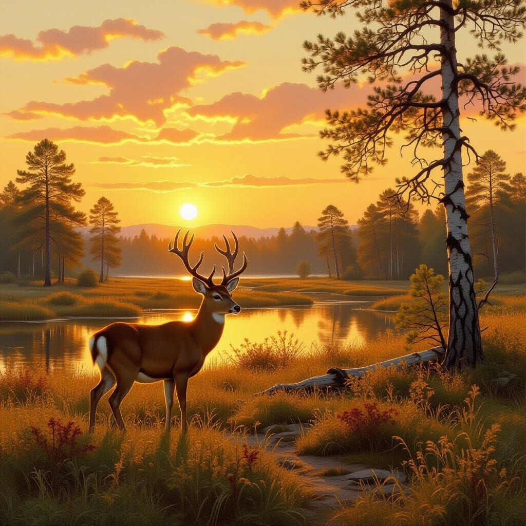 Golden Hour Deer in Naturalistic Landscape