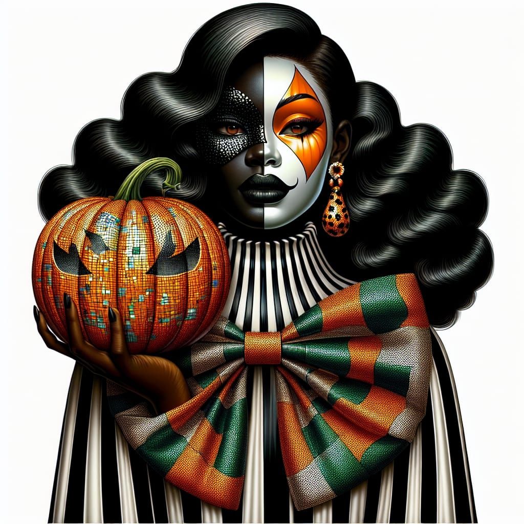 Woman with Clown Mask Holding Mosaic Pumpkin