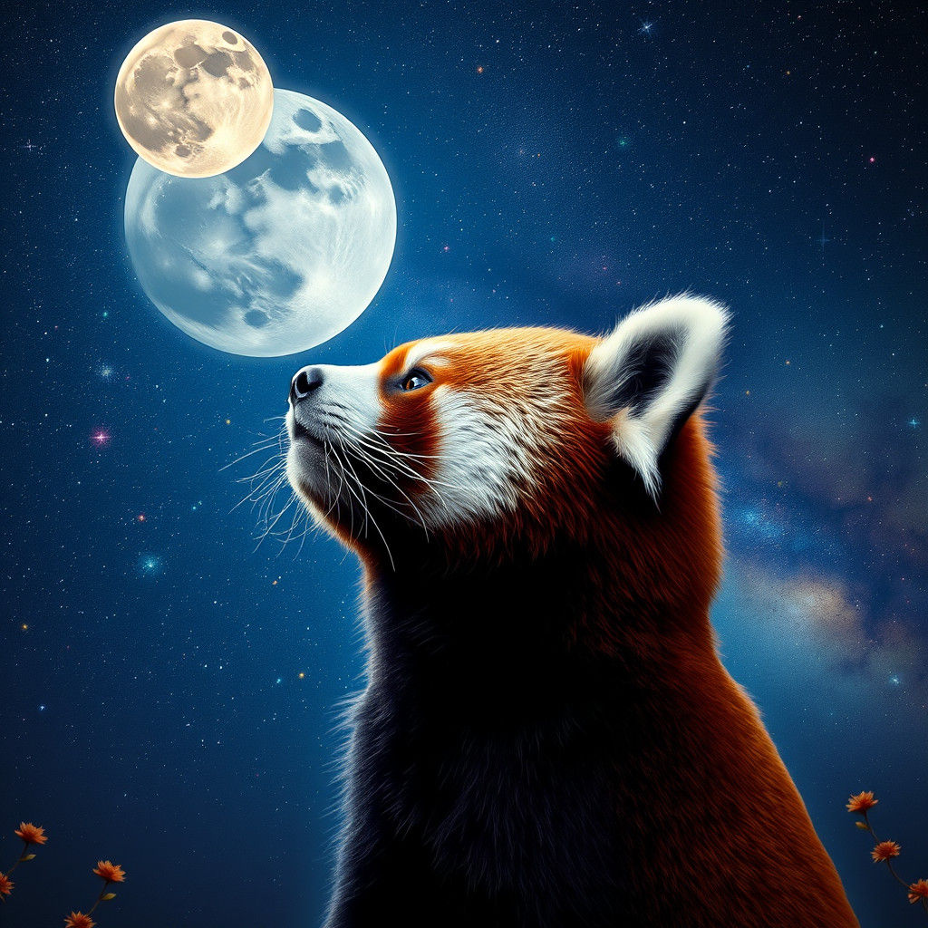 Red Panda Gazing at Moonlit Sky