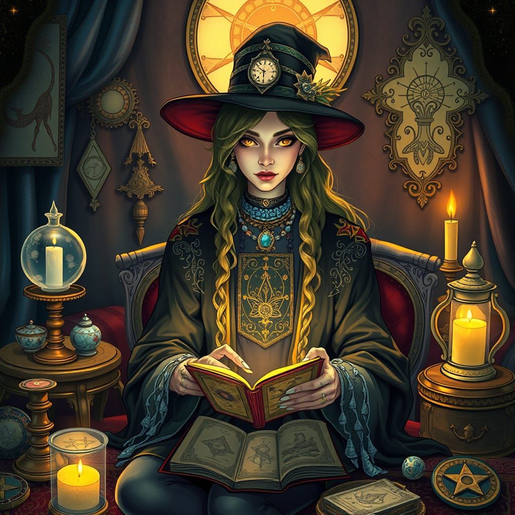 Mystical Tarot Card Reader in a Dimly Lit Room