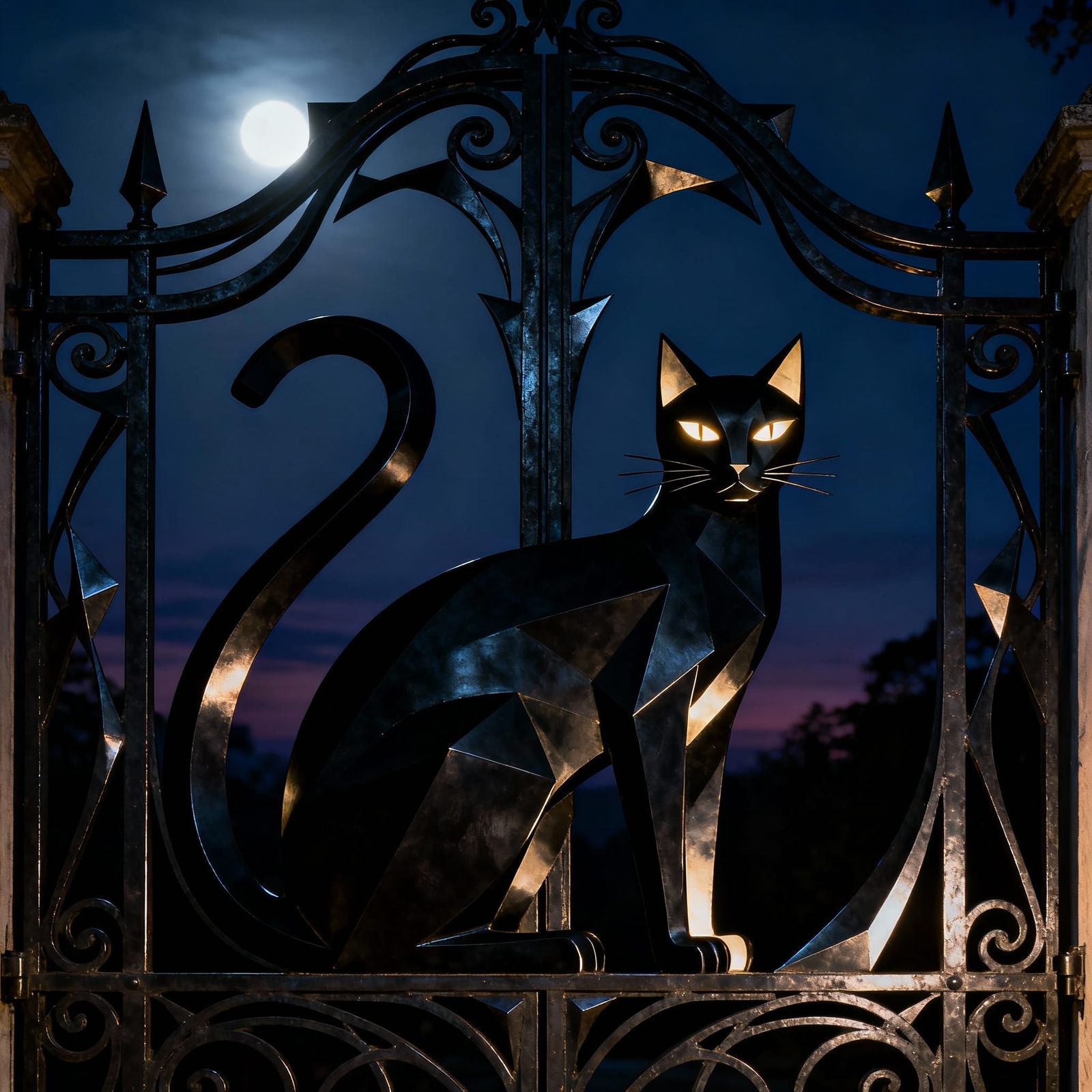 Intricate Avant-Garde Metal Gate with Black Cat