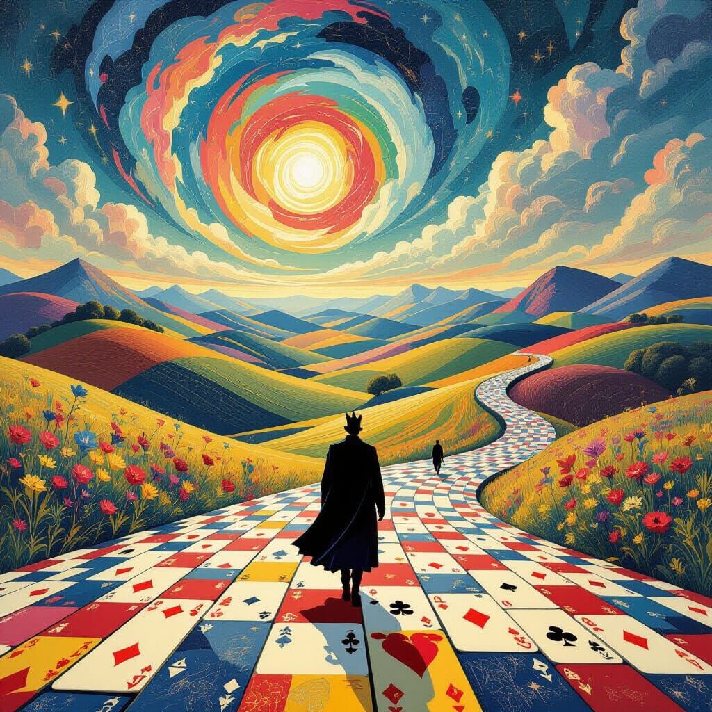 Surreal Playing Card Landscape with Melancholy King