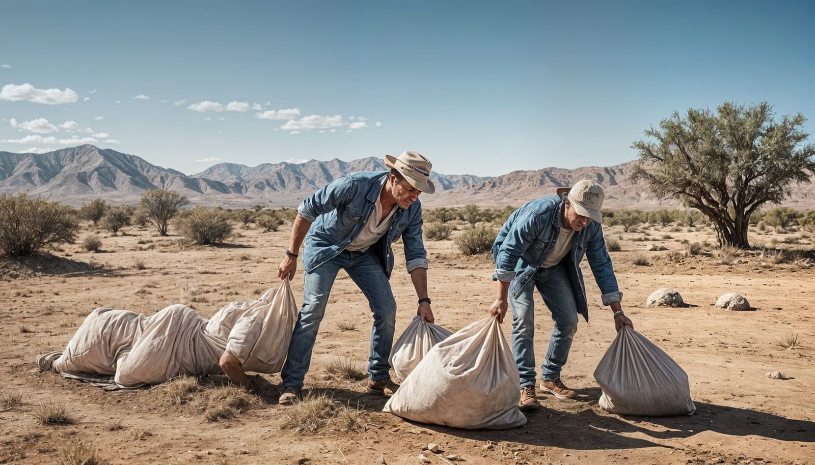 Man Digging Grave in Desert with Body Bags