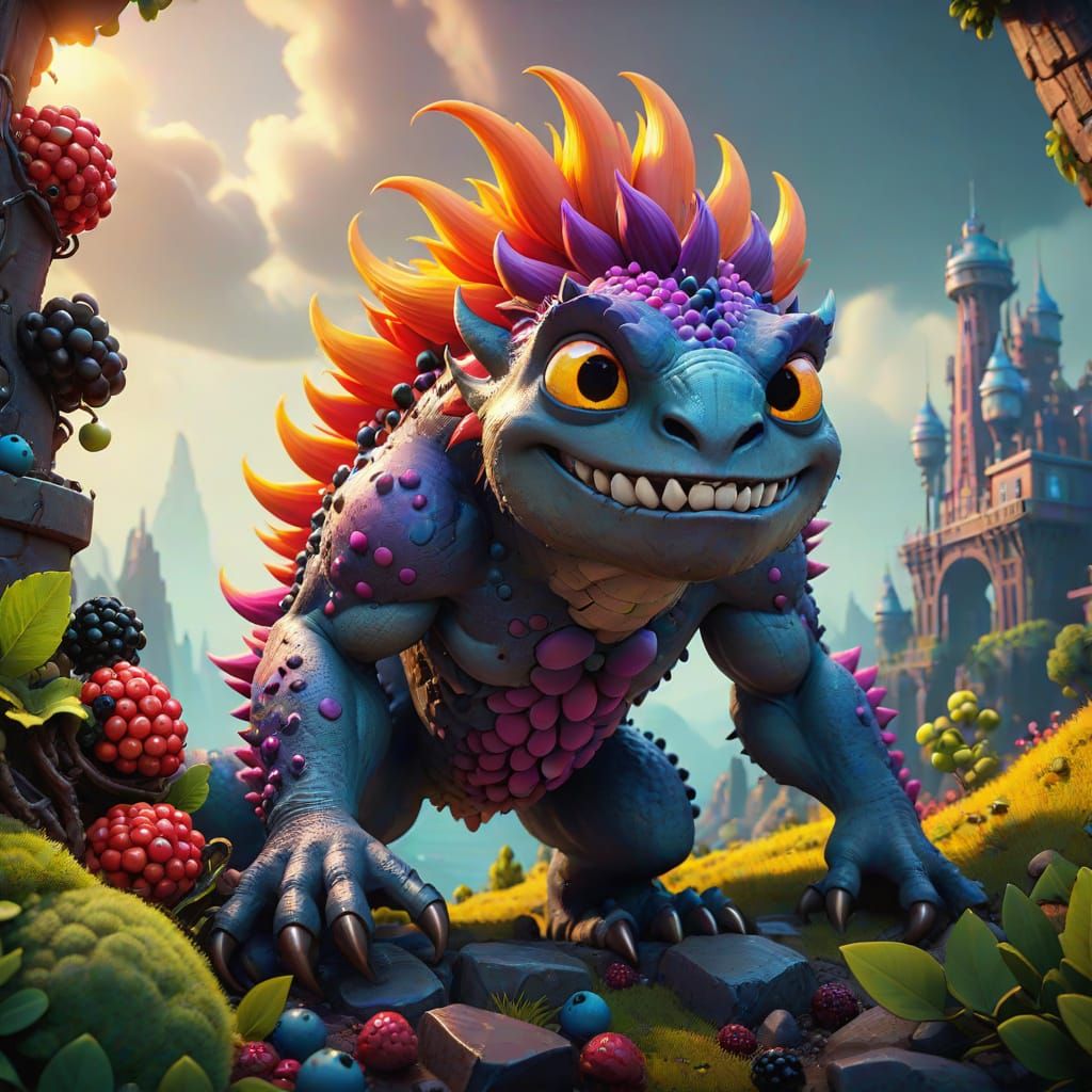 Cinematic Gray Monster in Vibrant Gradient Landscape