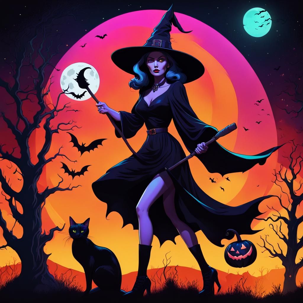 Retro Halloween Witch in Pop Art Style