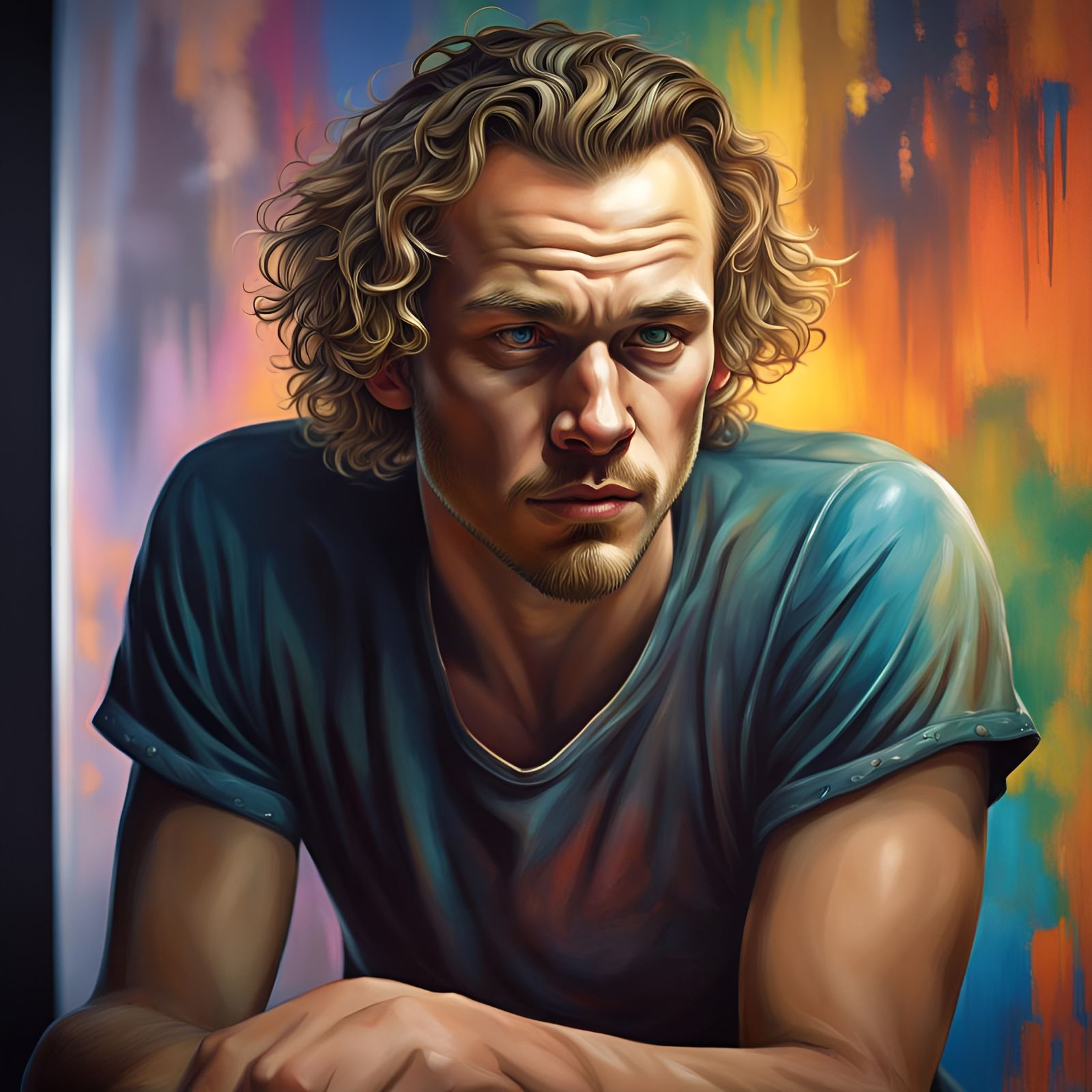 Intense Young Man Watches TV in Hyperrealistic Style