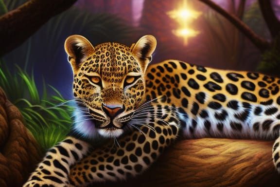 Iridescent Leopard in Magic Jungle: Detailed Matte Painting
