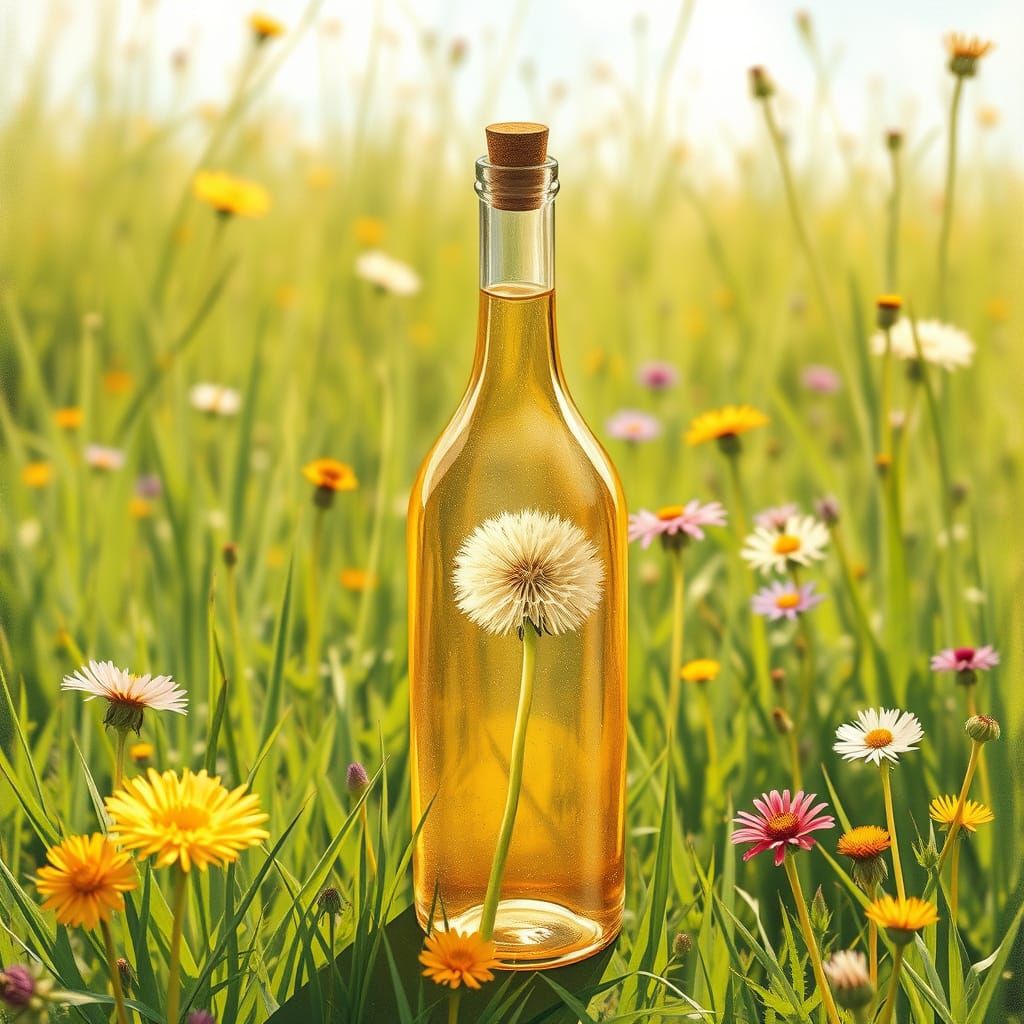 Glass Bottle of Golden Dandelion Wine in Sunny Meadow