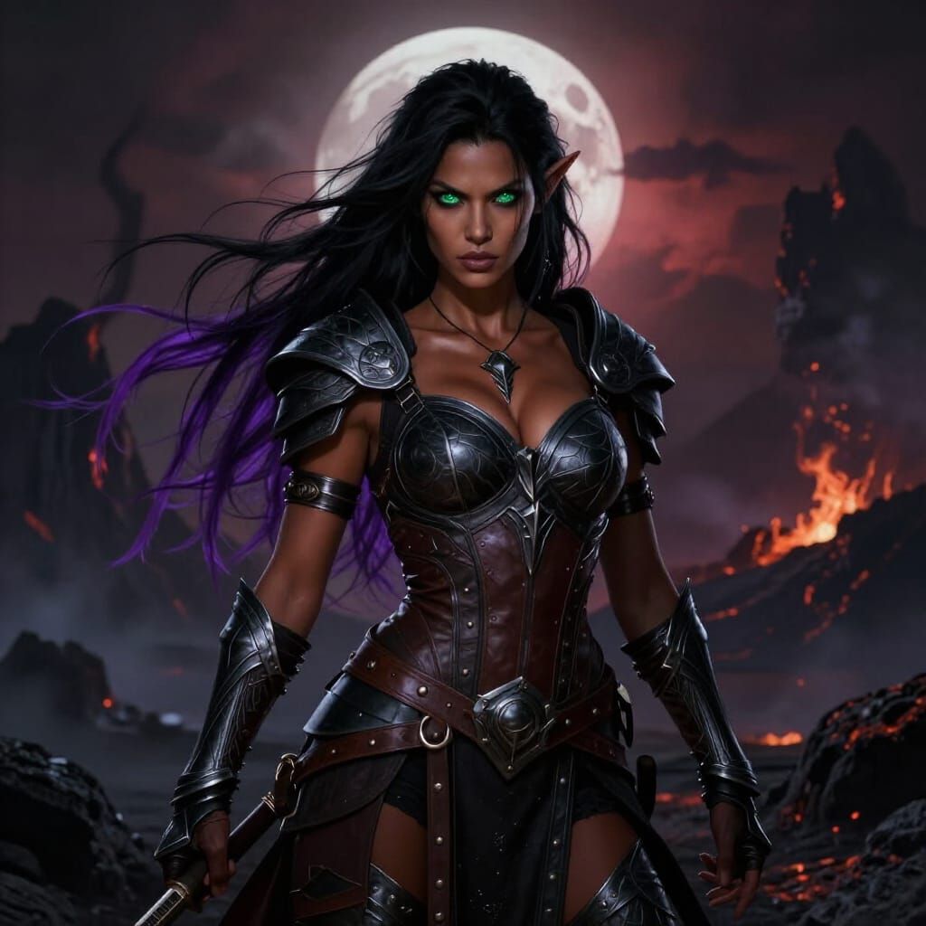 Fierce Elf Warrior in Volcanic Wasteland
