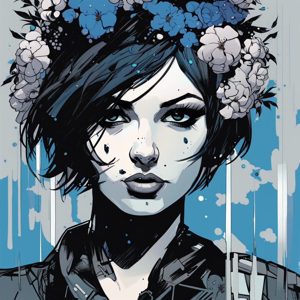 Punk Rock Woman with Flowers, Detailed Comic Art