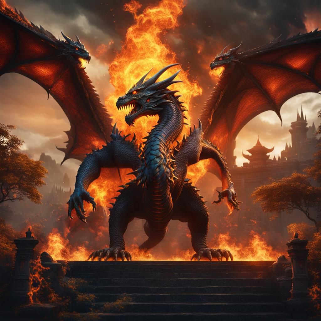 Three-Headed Dragon Unleashes Fire as Detailed Matte Paintin...