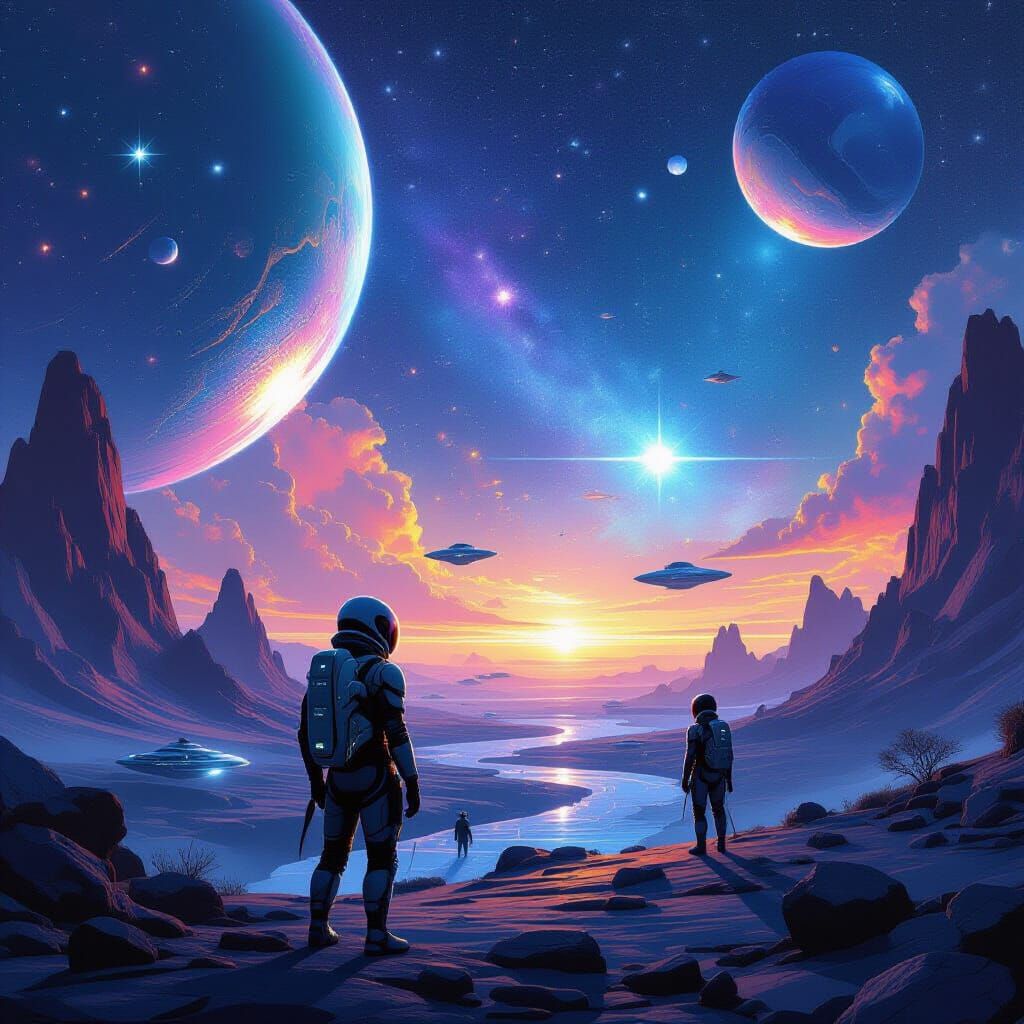 Aliens in Shimmering Galaxy: Futuristic Cosmic Art