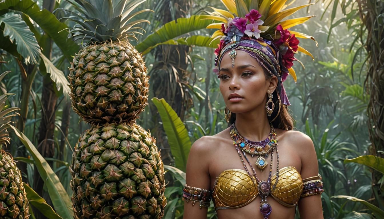 Jungle Woman and Giant Metal Pineapple, Alphonse Mucha Style