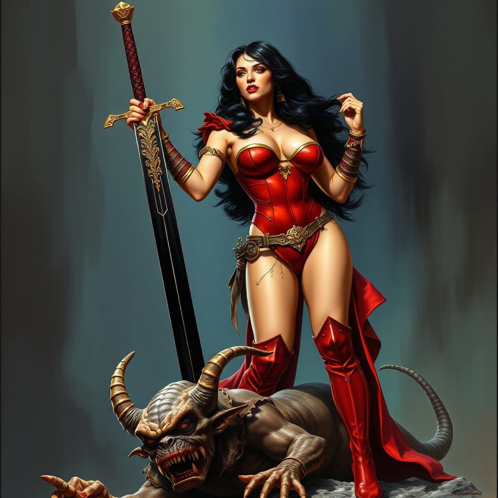 Dark Fantasy Warrior Triumphs Over Goblin in Red Bikini Armo...