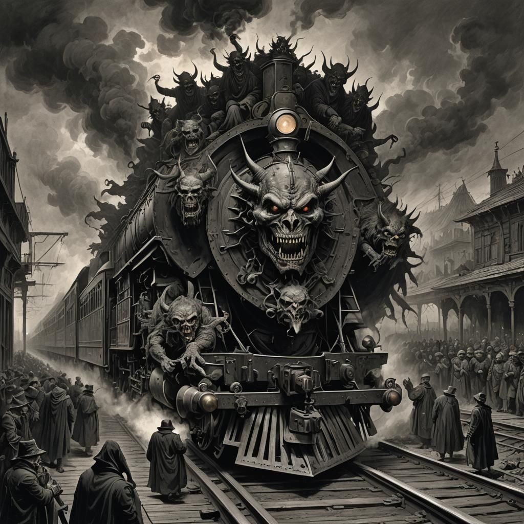 Demon Train in Horror Engraving Style