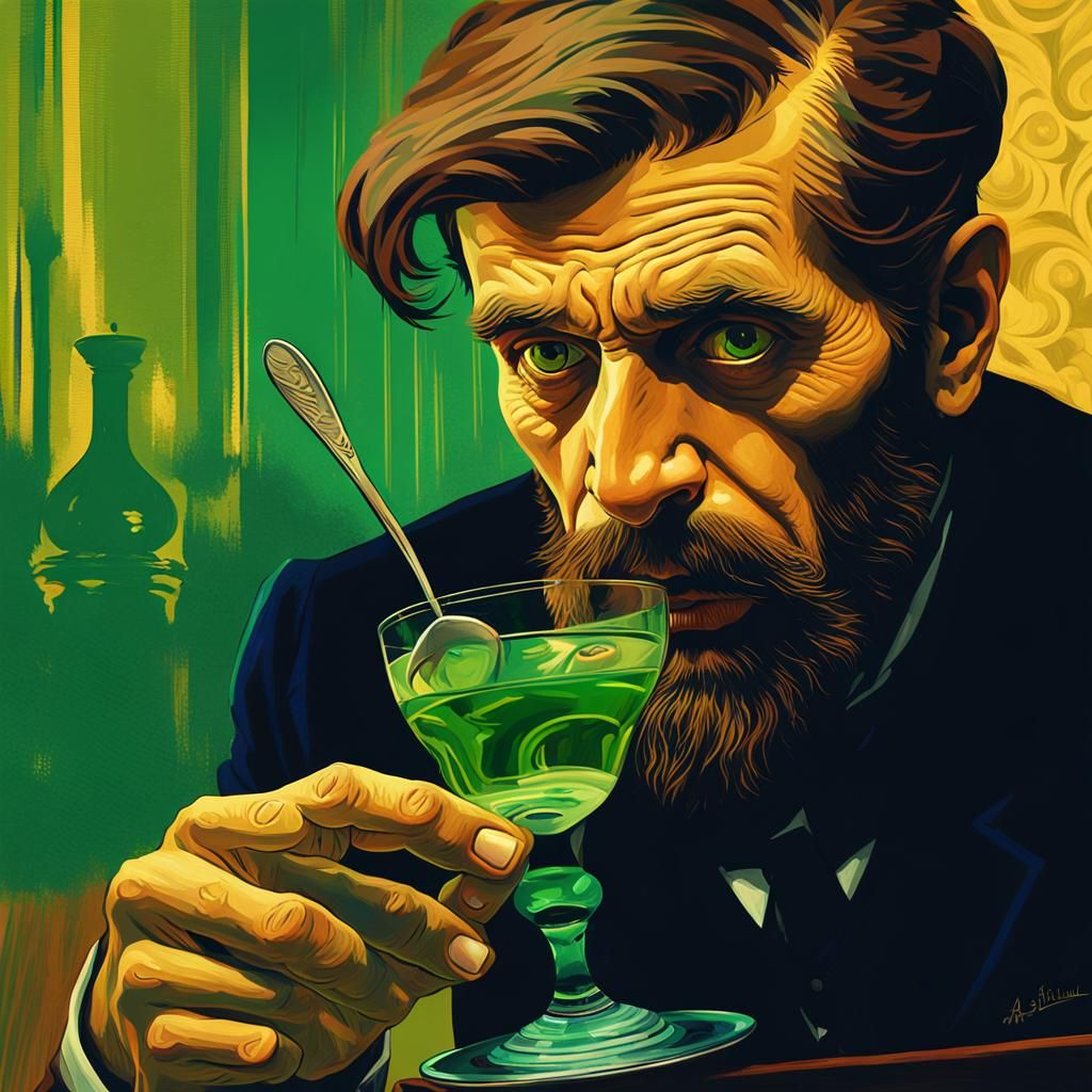 Intense Absinthe Drinker Portrait in Digital Art Style