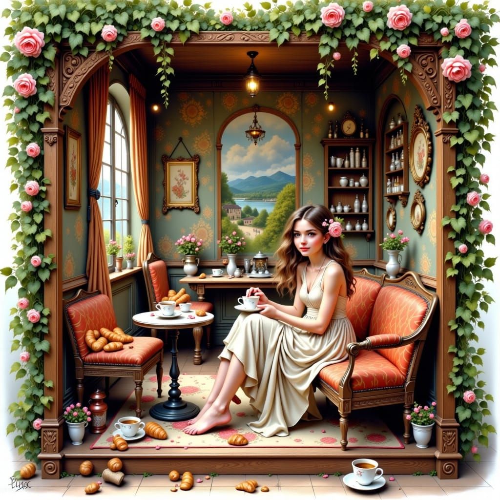 Girl in Provence Coffee Shop, Hyper-Realistic Style