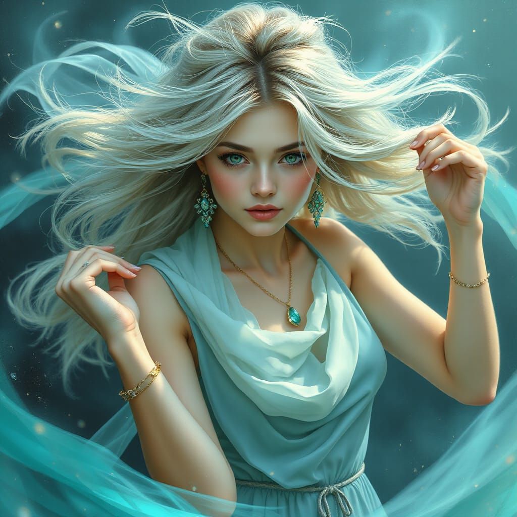 Ethereal Woman Dancing in Turquoise Mist: Digital Art