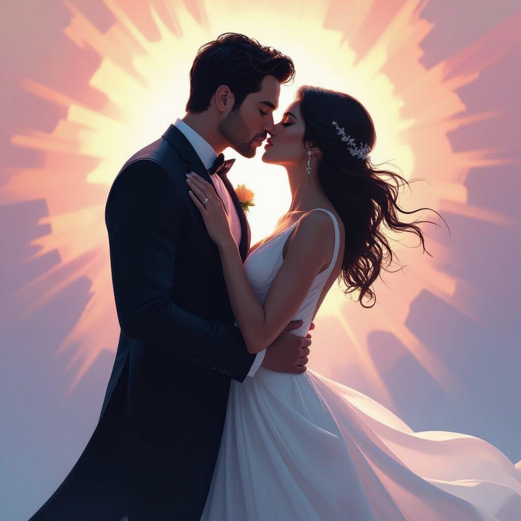 Shadow Man Kisses Light Woman in Hyperrealistic Art