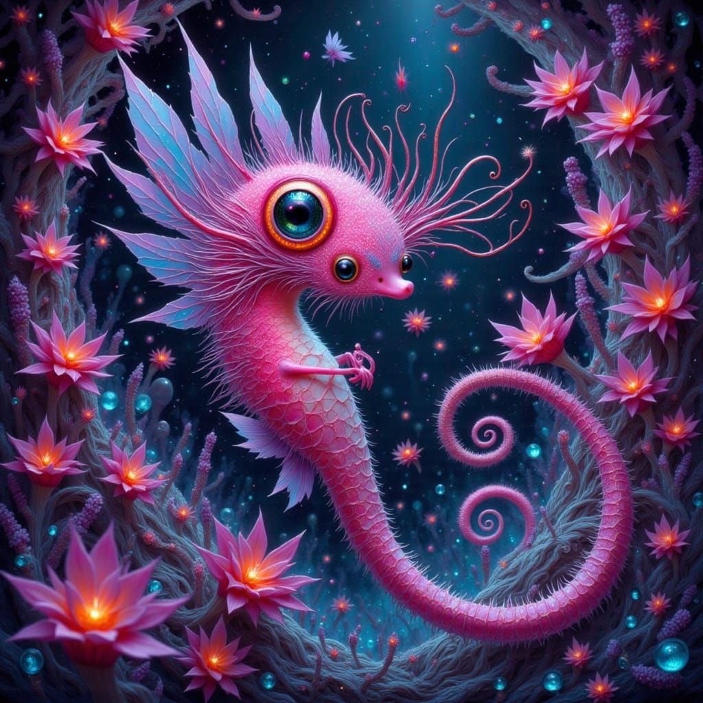 Miniature Glowing Seahorse in Bioluminescent Crystal Cave