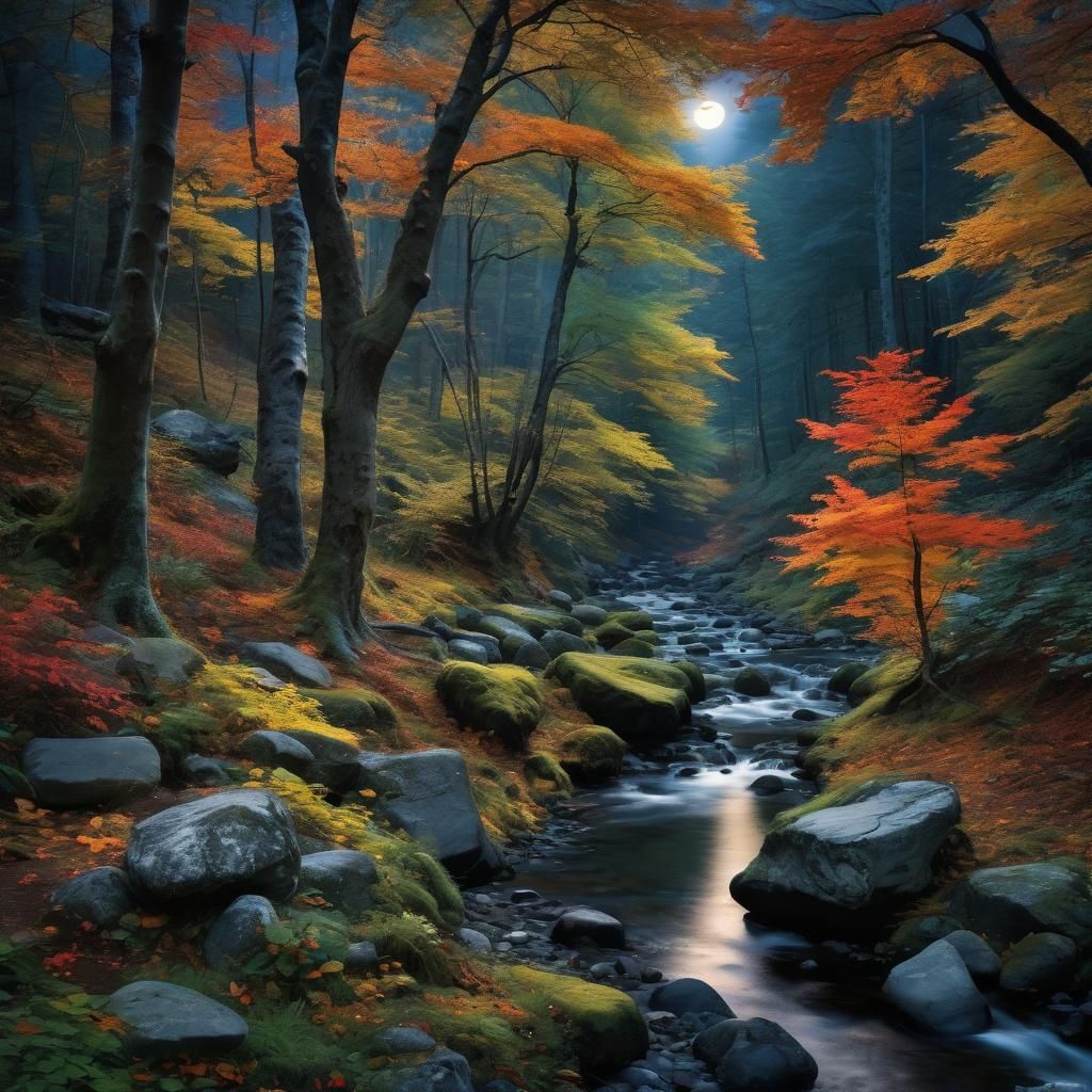 Moonlit Autumn Forest Scene with Colorful Foliage