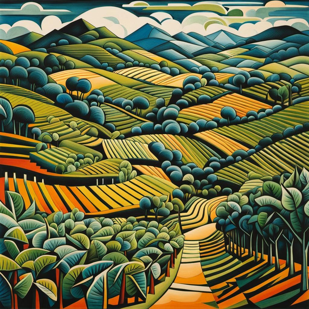 Cubist Tea Plantation in Japanese Ink Style