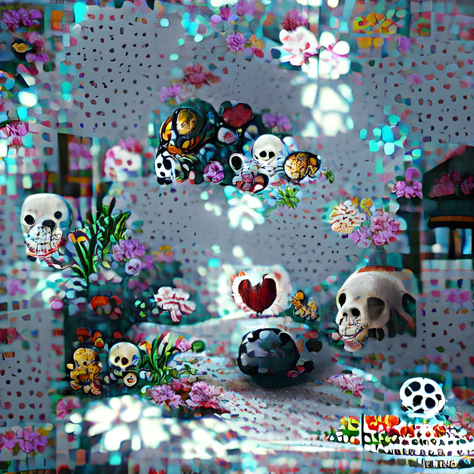 Hearts, Flowers, Skulls Pattern in Pixel Art