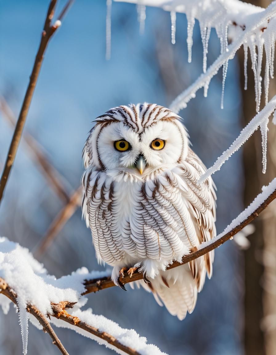 Owl Resting on Frozen Web in Sunlight