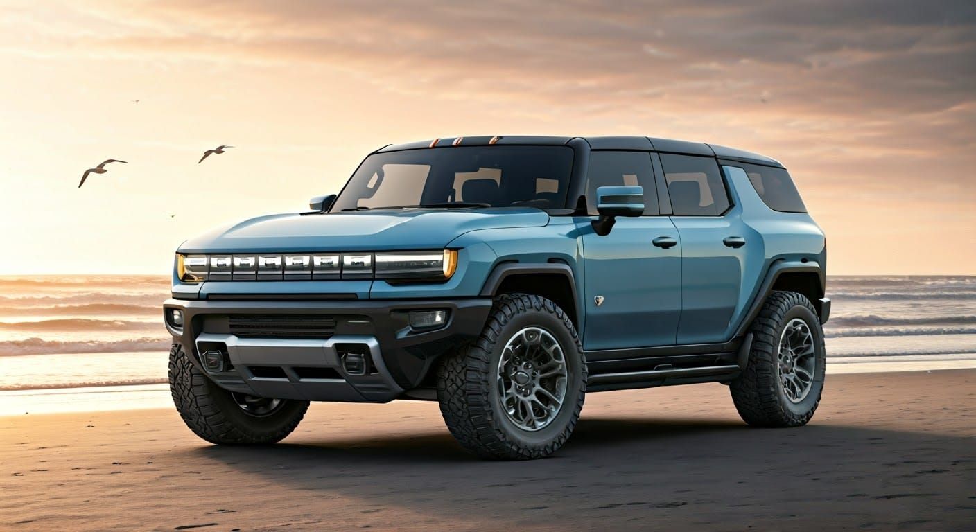 GMC Hummer EV on Beach in Futuristic Style