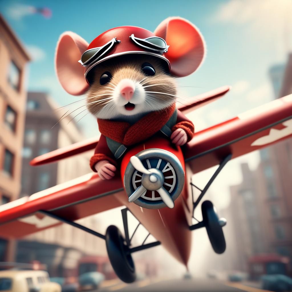 Red Baron Mouse Piloting Plane: 3D Render