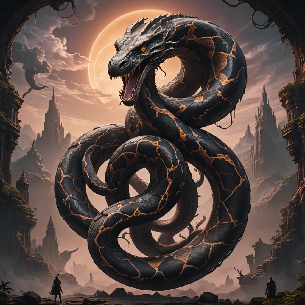 Mystical Python Under Black Sun: Fantasy Concept Art