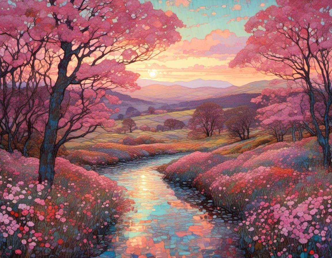 Scottish Spring Landscape in Evening Light: Art Nouveau Styl...