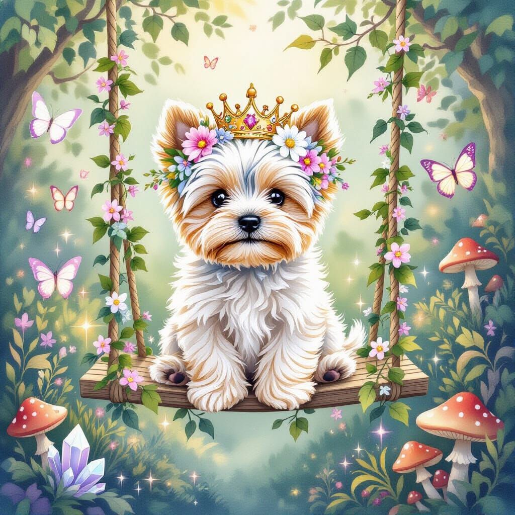 Yorkshire Terrier Puppy in Enchanted Garden, Watercolor Styl...