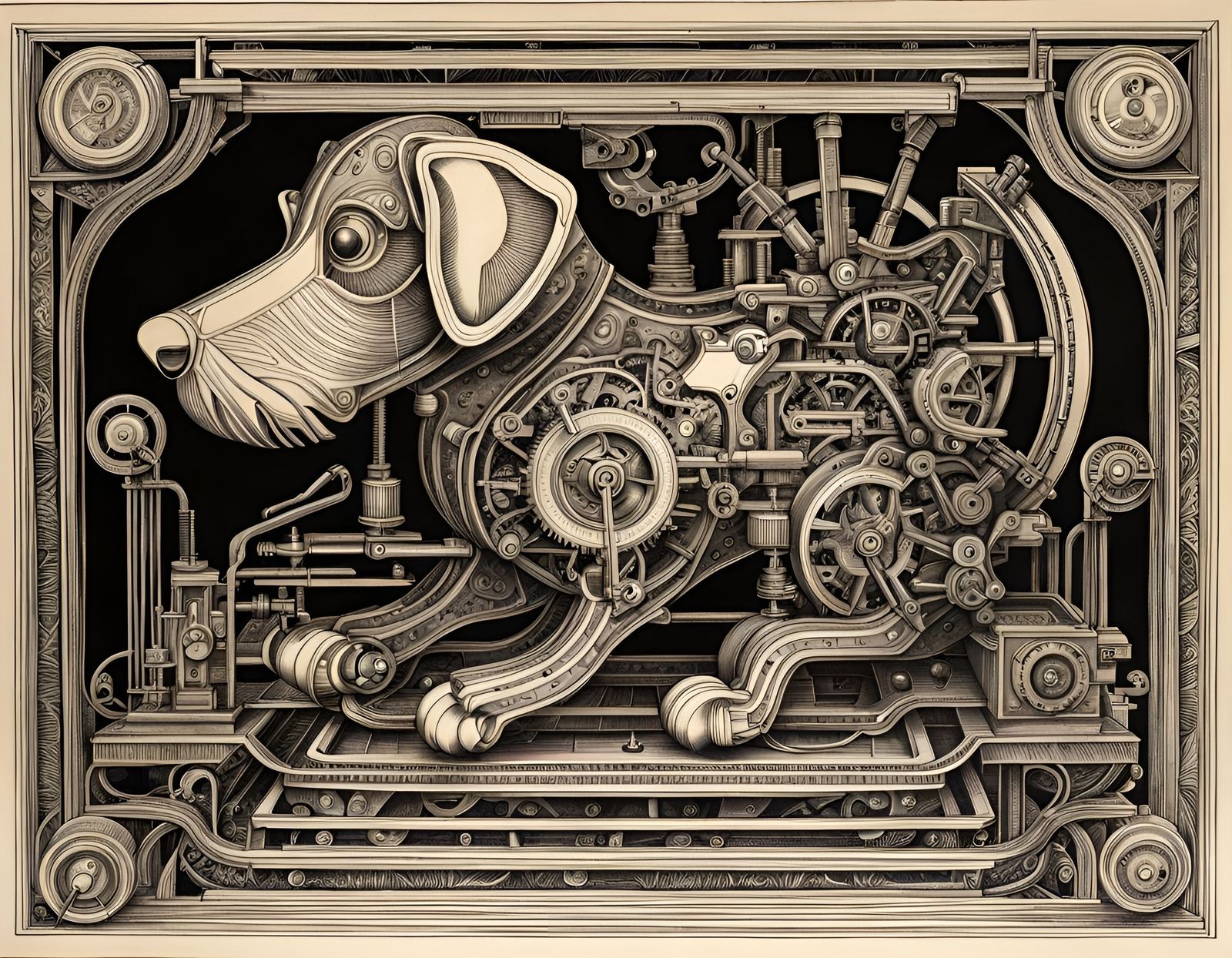 Mechanical Puppy: Black Ink Line Art Engraving