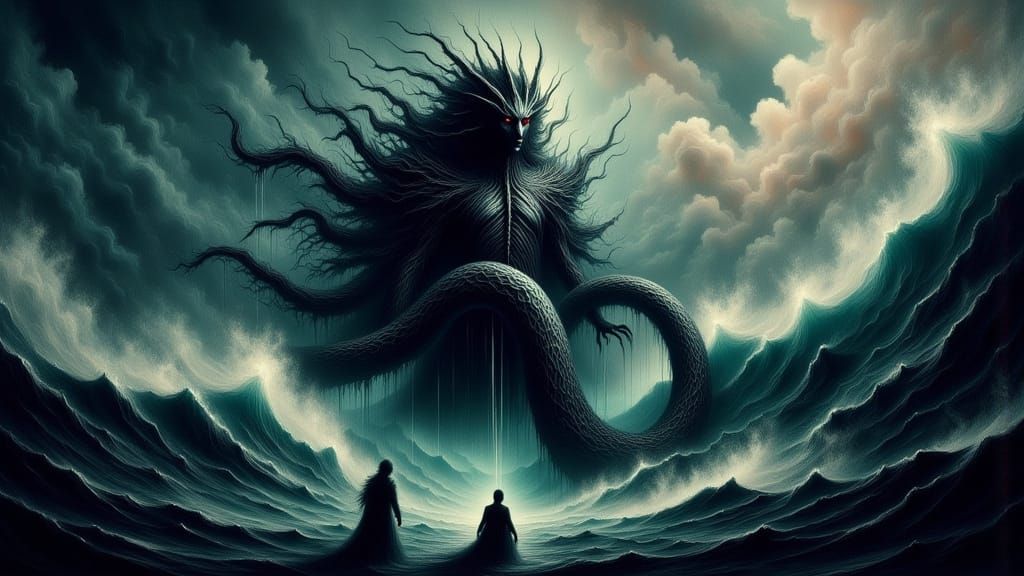 Giant Serpent Goddess Confronts a Sailor in the Dark Ocean