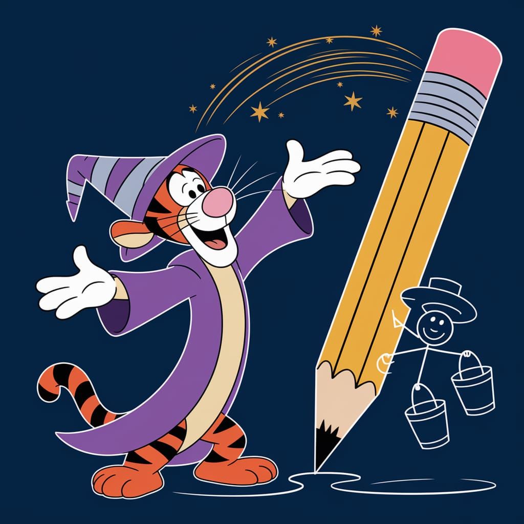 Tigger the Sorcerer Transforms Pencil into Stick Figure
