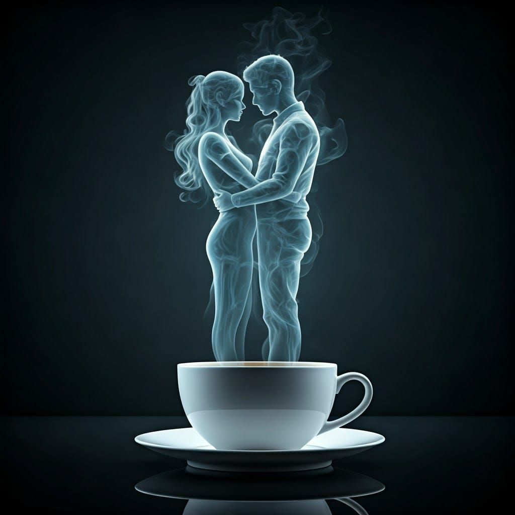 Romantic Coffee Embrace: Ethereal Digital Art