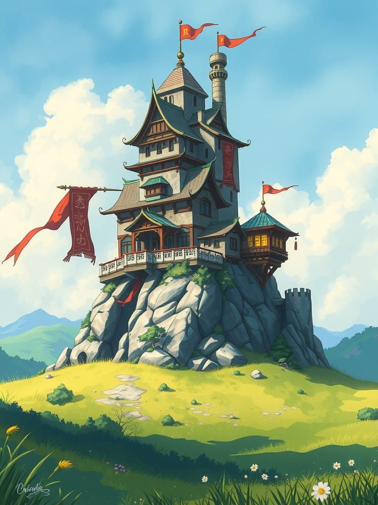 Fantasy Anime Tower Village Watercolor Illustration
